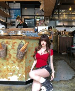 Sweet and Spicy Lace T-Shirt for Women - Summer Short Sleeve Two-Piece Style, Waist-Cinching Slim Fit Red Top