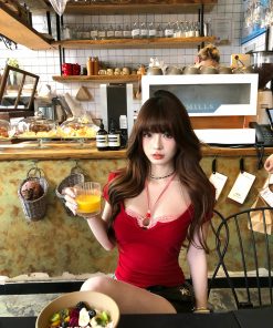 Sweet and Spicy Lace T-Shirt for Women - Summer Short Sleeve Two-Piece Style, Waist-Cinching Slim Fit Red Top