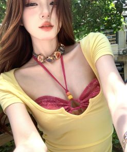 Sweet and Spicy Lace-Up Two-Piece Short Sleeve T-Shirt for Women - Summer Slim-Fit Waist-Cinching Top, Y2K Style