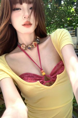 Sweet and Spicy Lace-Up Two-Piece Short Sleeve T-Shirt for Women - Summer Slim-Fit Waist-Cinching Top, Y2K Style
