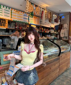 Sweet and Spicy Lace-Up Two-Piece Short Sleeve T-Shirt for Women - Summer Slim-Fit Waist-Cinching Top, Y2K Style