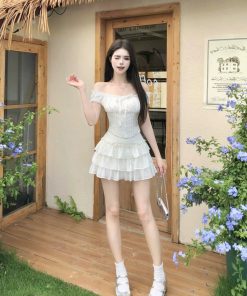 Sweet and Spicy One-Shoulder Dress Set for Women - Off-Shoulder Spliced Top & Flirty Short Skirt - Summer Fashion 2025