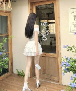 Sweet and Spicy One-Shoulder Dress Set for Women - Off-Shoulder Spliced Top & Flirty Short Skirt - Summer Fashion 2025