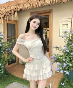 Sweet and Spicy One-Shoulder Dress Set for Women - Off-Shoulder Spliced Top & Flirty Short Skirt - Summer Fashion 2025