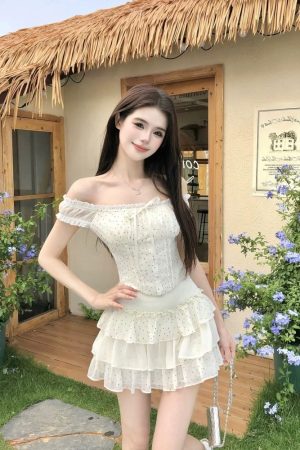 Sweet and Spicy One-Shoulder Dress Set for Women - Off-Shoulder Spliced Top & Flirty Short Skirt - Summer Fashion 2025