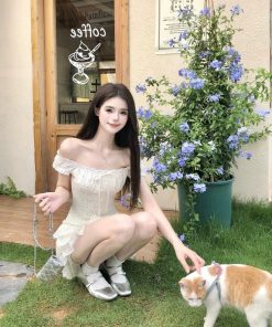 Sweet and Spicy One-Shoulder Dress Set for Women - Off-Shoulder Spliced Top & Flirty Short Skirt - Summer Fashion 2025