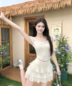 Sweet and Spicy One-Shoulder Dress Set for Women - Off-Shoulder Spliced Top & Flirty Short Skirt - Summer Fashion 2025