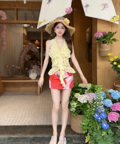 Sweet and Spicy Summer Skirt Set - Yellow Halter Top with Strawberry Print and Half Skirt - Y2K Inspired Fashion