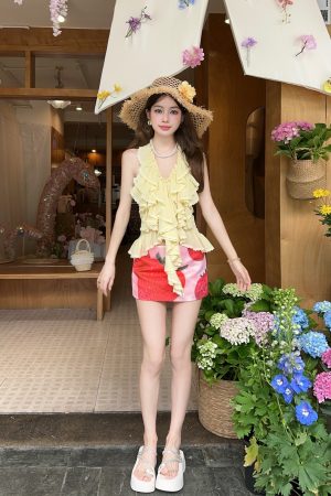 Sweet and Spicy Summer Skirt Set - Yellow Halter Top with Strawberry Print and Half Skirt - Y2K Inspired Fashion