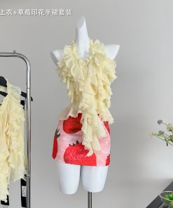 Sweet and Spicy Summer Skirt Set - Yellow Halter Top with Strawberry Print and Half Skirt - Y2K Inspired Fashion
