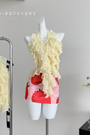 Sweet and Spicy Summer Skirt Set - Yellow Halter Top with Strawberry Print and Half Skirt - Y2K Inspired Fashion