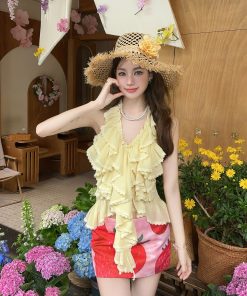 Sweet and Spicy Summer Skirt Set - Yellow Halter Top with Strawberry Print and Half Skirt - Y2K Inspired Fashion