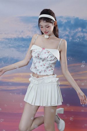 Sweet Bow Pink Floral Camisole and White Ruffled Pleated Skirt Two-Piece Set - Trendy Spicy Girl Outfit for 90s Y2K Fashion