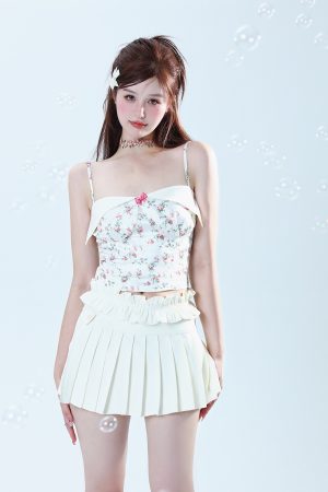 Sweet Bow Pink Floral Camisole and White Ruffled Pleated Skirt Two-Piece Set - Trendy Spicy Girl Outfit for 90s Y2K Fashion