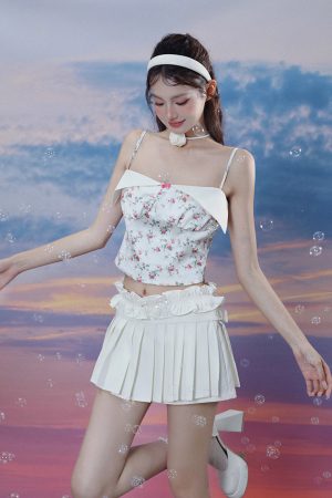Sweet Bow Pink Floral Camisole and White Ruffled Pleated Skirt Two-Piece Set - Trendy Spicy Girl Outfit for 90s Y2K Fashion