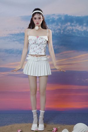 Sweet Bow Pink Floral Camisole and White Ruffled Pleated Skirt Two-Piece Set - Trendy Spicy Girl Outfit for 90s Y2K Fashion