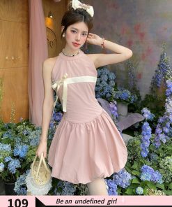Sweet Bud Pink Fog Sleeveless Vest Dress with Bow Puff Detail - Summer Floral Style