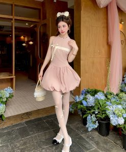 Sweet Bud Pink Fog Sleeveless Vest Dress with Bow Puff Detail - Summer Floral Style