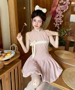 Sweet Bud Pink Fog Sleeveless Vest Dress with Bow Puff Detail - Summer Floral Style