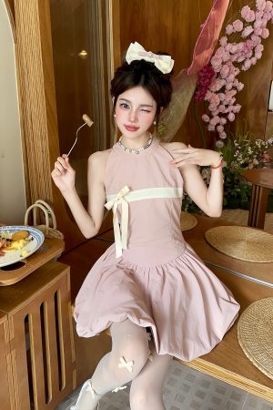 Sweet Bud Pink Fog Sleeveless Vest Dress with Bow Puff Detail - Summer Floral Style