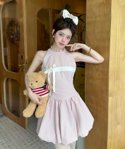 Sweet Bud Pink Fog Sleeveless Vest Dress with Bow Puff Detail - Summer Floral Style