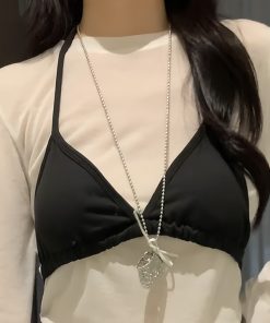 Sweet Heart Long Necklace for Women - Woven Metal Crossbody Bag Pendant - Stylish Sweater Neck Chain Accessory