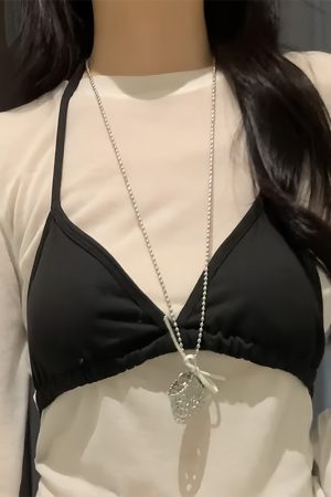 Sweet Heart Long Necklace for Women - Woven Metal Crossbody Bag Pendant - Stylish Sweater Neck Chain Accessory
