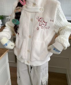 Sweet Knitted Spliced Rabbit Fur Coat Top - Padded Thickened Fleece Cardigan for Winter 2025, Soft and Gentle Fashion Essential