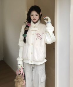 Sweet Knitted Spliced Rabbit Fur Coat Top - Padded Thickened Fleece Cardigan for Winter 2025, Soft and Gentle Fashion Essential