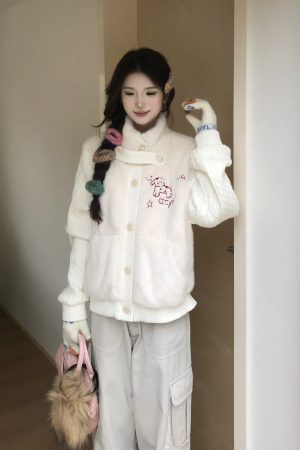 Sweet Knitted Spliced Rabbit Fur Coat Top - Padded Thickened Fleece Cardigan for Winter 2025, Soft and Gentle Fashion Essential