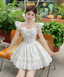 Sweet Lace Embroidered Little White Dress with Flare Sleeves and Puff Skirt - Illustrated Summer Style