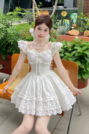 Sweet Lace Embroidered Little White Dress with Flare Sleeves and Puff Skirt - Illustrated Summer Style