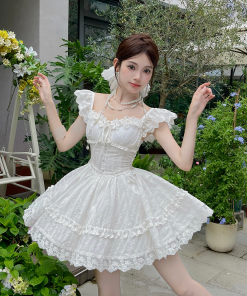 Sweet Lace Embroidered Little White Dress with Flare Sleeves and Puff Skirt - Illustrated Summer Style