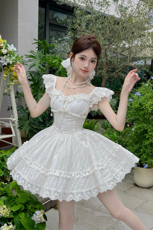 Sweet Lace Embroidered Little White Dress with Flare Sleeves and Puff Skirt - Illustrated Summer Style