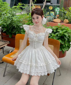 Sweet Lace Embroidered Little White Dress with Flare Sleeves and Puff Skirt - Illustrated Summer Style