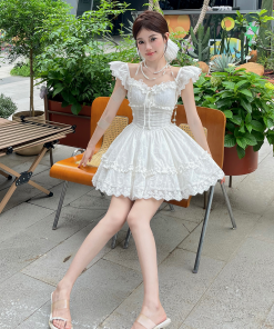Sweet Lace Embroidered Little White Dress with Flare Sleeves and Puff Skirt - Illustrated Summer Style