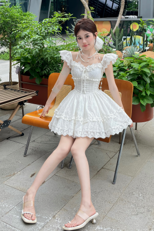 Sweet Lace Embroidered Little White Dress with Flare Sleeves and Puff Skirt - Illustrated Summer Style