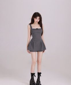 Sweet Lace Spliced Spaghetti Strap Dress for Women - Waist-Cinching, Elegant Bow Design, Short Summer Skirt, Perfect for 90s and Y2K Styles