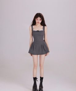 Sweet Lace Spliced Spaghetti Strap Dress for Women - Waist-Cinching, Elegant Bow Design, Short Summer Skirt, Perfect for 90s and Y2K Styles