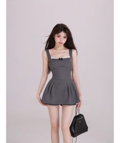 Sweet Lace Spliced Spaghetti Strap Dress for Women - Waist-Cinching, Elegant Bow Design, Short Summer Skirt, Perfect for 90s and Y2K Styles