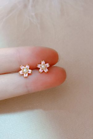 Sweet Mini Cherry Blossom Stud Earrings for Women in 925 Sterling Silver, Spring Summer Pink Floral Design, Ultra-Fairy High-End Jewelry