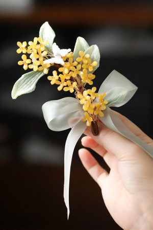 Sweet National Style Osmanthus Long Ribbons Hair Clips for Girls - Ancient Hanfu Side Hair Accessories