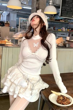 Sweet Romance Lace Knitted Sweater for Women - Sexy V-Neck, Slim Fit, Long Sleeve, Perfect for Autumn Winter Tea Parties