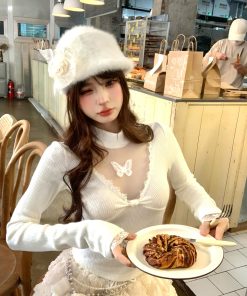 Sweet Romantic Korean Style Lace Long Sleeve V-Neck T-shirt for Women - Autumn Winter Slim Fit Knit Top