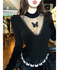 Sweet Romantic Korean Style Lace Long Sleeve V-Neck T-shirt for Women - Autumn Winter Slim Fit Knit Top