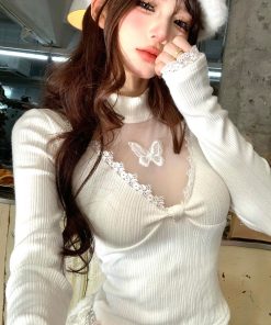 Sweet Romantic Korean Style Lace Long Sleeve V-Neck T-shirt for Women - Autumn Winter Slim Fit Knit Top