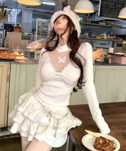 Sweet Romantic Korean Style Lace Long Sleeve V-Neck T-shirt for Women - Autumn Winter Slim Fit Knit Top
