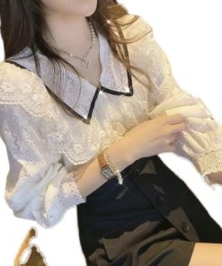 Sweet Ruffled Doll Collar Shirt Top with Elegant Lace Detail - 2025 Spring Fashion Blouse for Effortless Style