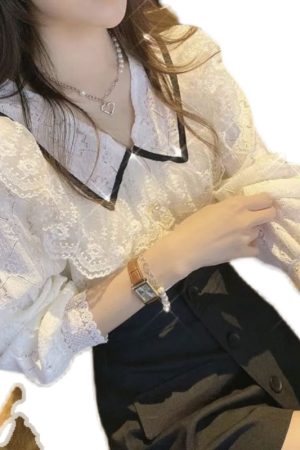 Sweet Ruffled Doll Collar Shirt Top with Elegant Lace Detail - 2025 Spring Fashion Blouse for Effortless Style
