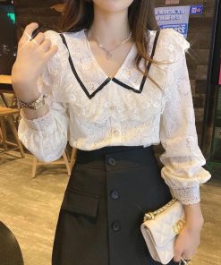 Sweet Ruffled Doll Collar Shirt Top with Elegant Lace Detail - 2025 Spring Fashion Blouse for Effortless Style